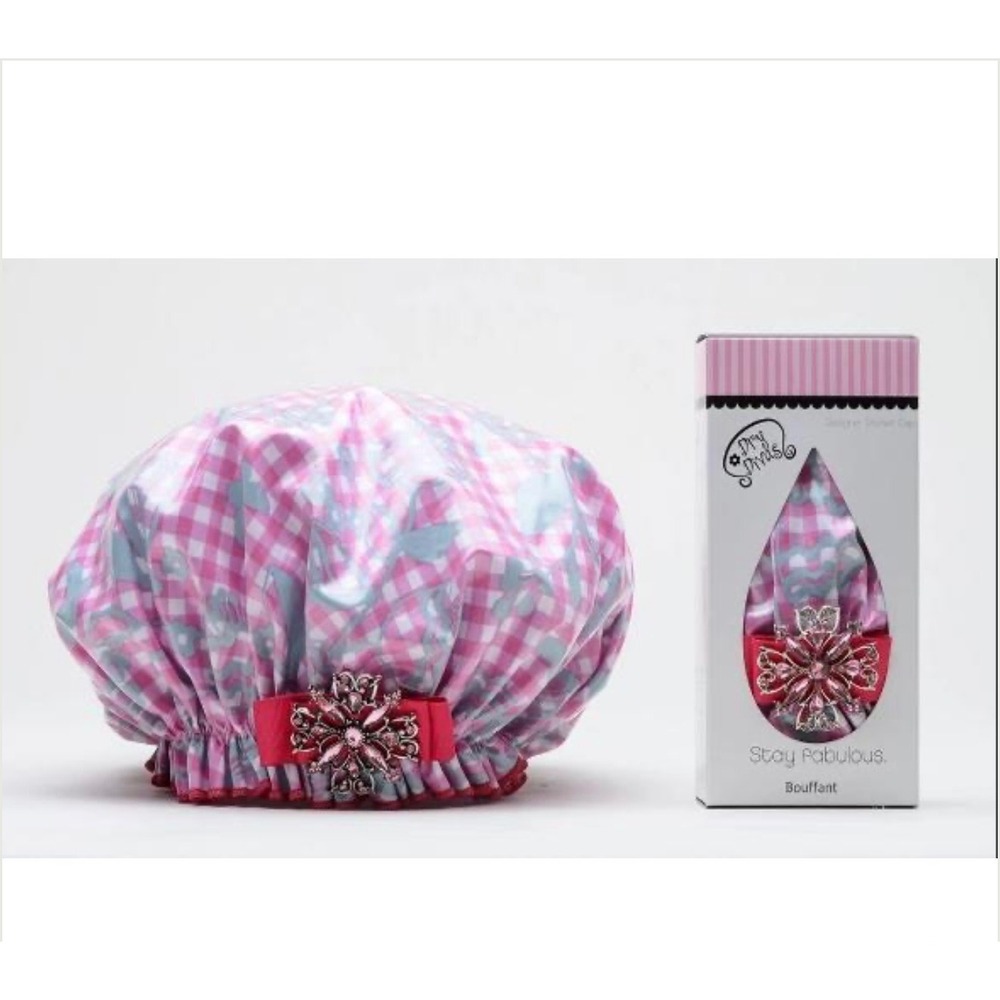Dry Divas Designer Shower Cap Pink Gingham Floral Bouffant Jeweled Brooch New